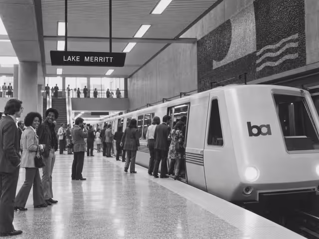 Illustration of BART opening day, Lake Merritt Station, September 11, 1972.