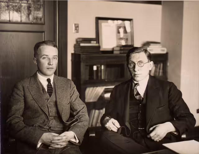 Charles Best and Frederick Banting, members of the University of Toronto team whose research helped establish insulin as a life-saving treatment for diabetes, photographed circa 1924–1925.