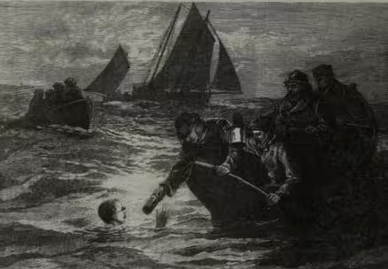 Matthew Webb receiving hot coffee from his support crew during his English Channel crossing, August 1875.
