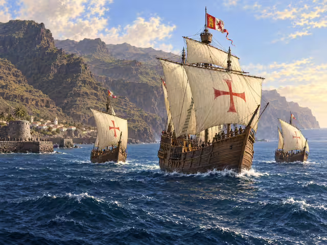 Three late-15th-century sailing ships departing La Gomera for the Atlantic during Columbus’s first voyage.