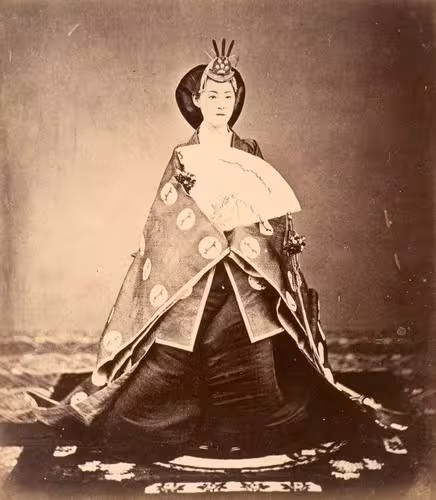 Empress Haruko, later known as Empress Shōken, in traditional court dress, 1872.