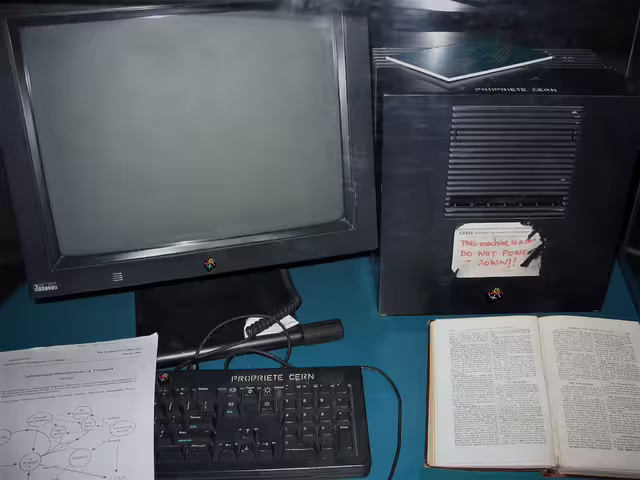 The NeXT computer used by Tim Berners-Lee as the world’s first web server, photographed on display at CERN in 2005. The first working web system was in place by Christmas 1990.