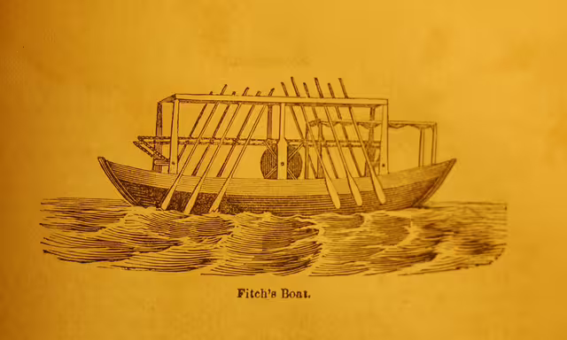 John Fitch's oar-propelled steamboat of 1787.