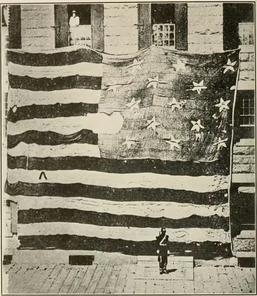 The original Star-Spangled Banner flag that flew over Fort McHenry in 1814, photographed in 1873 by George Henry Preble.