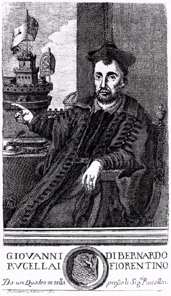 Giovanni di Bernardo Rucellai, the Florentine Renaissance poet and playwright, depicted in a nineteenth-century engraving by Giacomo Malosso after a painting owned by the Rucellai family.