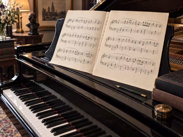 Illustrative image of a grand piano with anonymous sheet music.