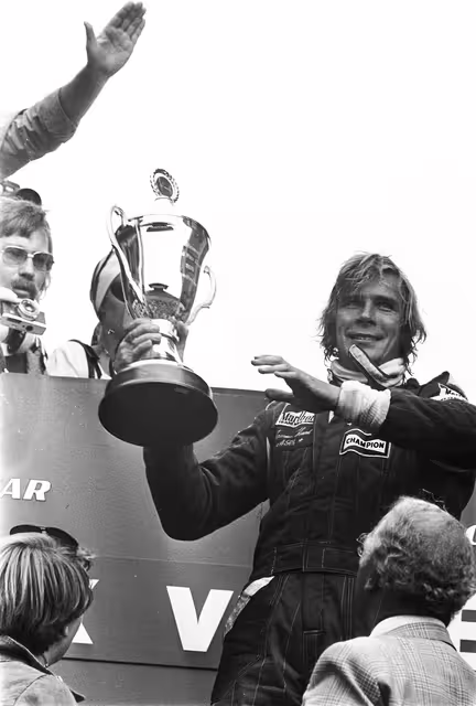 James Hunt after winning the Dutch Grand Prix on his 29th birthday, August 29, 1976.