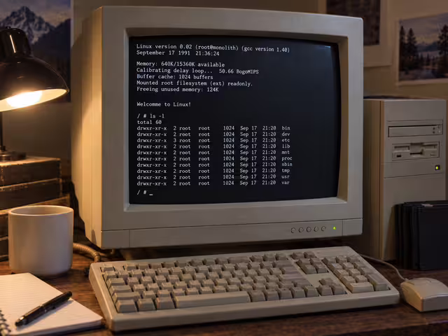 An early-1990s personal computer running a Linux command-line environment, illustrating the era in which the first Linux kernel was released in 1991.