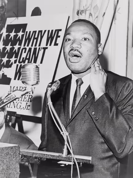Martin Luther King Jr. at a press conference on June 8, 1964, four months before he was announced as the recipient of the Nobel Peace Prize.