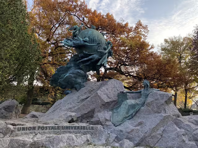 The Universal Postal Union monument in Bern, Switzerland, photographed on November 10, 2020. The organisation was founded in the city with the signing of the Treaty of Bern on October 9, 1874.
