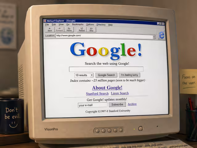 Retro computer workstation displaying Google — artistic reconstruction