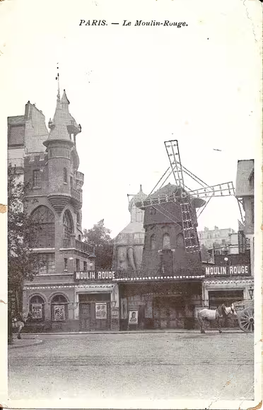 The Moulin Rouge in Paris, pictured on a postcard dating from around 1900. The celebrated venue opened on 6 October 1889 at the foot of Montmartre.
