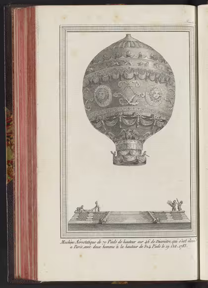 The Montgolfier balloon used in the pioneering human ascents of October 1783. This contemporary engraving depicts the tethered ascent of Pilâtre de Rozier and André Giroud de Villette on October 19, four days after Pilâtre’s solo ascent.