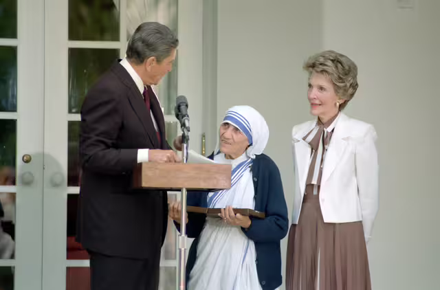 Mother Teresa receiving the Presidential Medal of Freedom, 1985.
