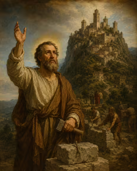 Saint Marinus and the beginnings of San Marino on Monte Titano.