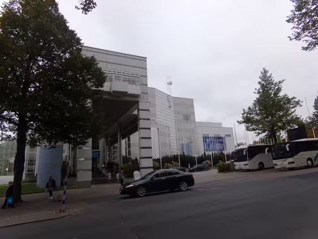 Tampere Hall in Tampere, Finland, viewed from Yliopistonkatu in September 2016. The concert and congress centre officially opened on 29 September 1990.