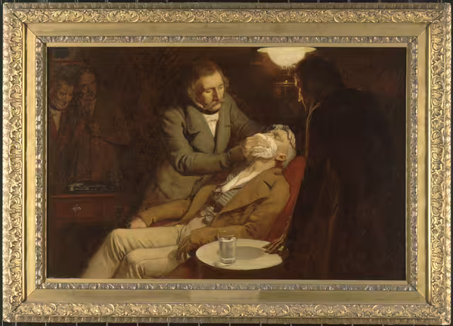 William T. G. Morton using ether anesthesia during a tooth extraction on Eben H. Frost in Boston on 30 September 1846. A later artistic reconstruction by Ernest Board.