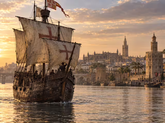 Artistic reconstruction of the ship Victoria arriving in Seville after completing the first circumnavigation in 1522.