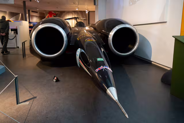 ThrustSSC on display at Coventry Transport Museum in 2018. Andy Green drove the jet-powered car to the world’s first supersonic land speed record in Nevada on October 15, 1997.