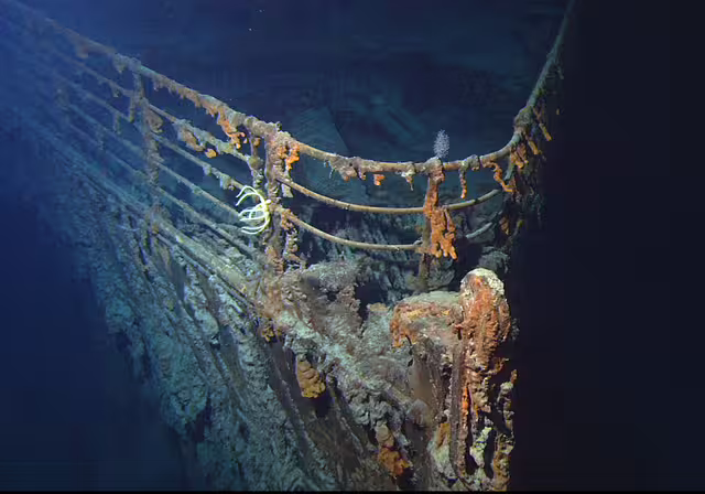 The bow of RMS Titanic on the North Atlantic seabed, photographed in 2004.