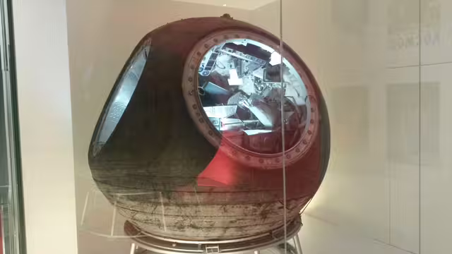 The Voskhod 1 descent capsule, which carried the world’s first three-person space crew in October 1964, displayed at the Science Museum in London in March 2016.